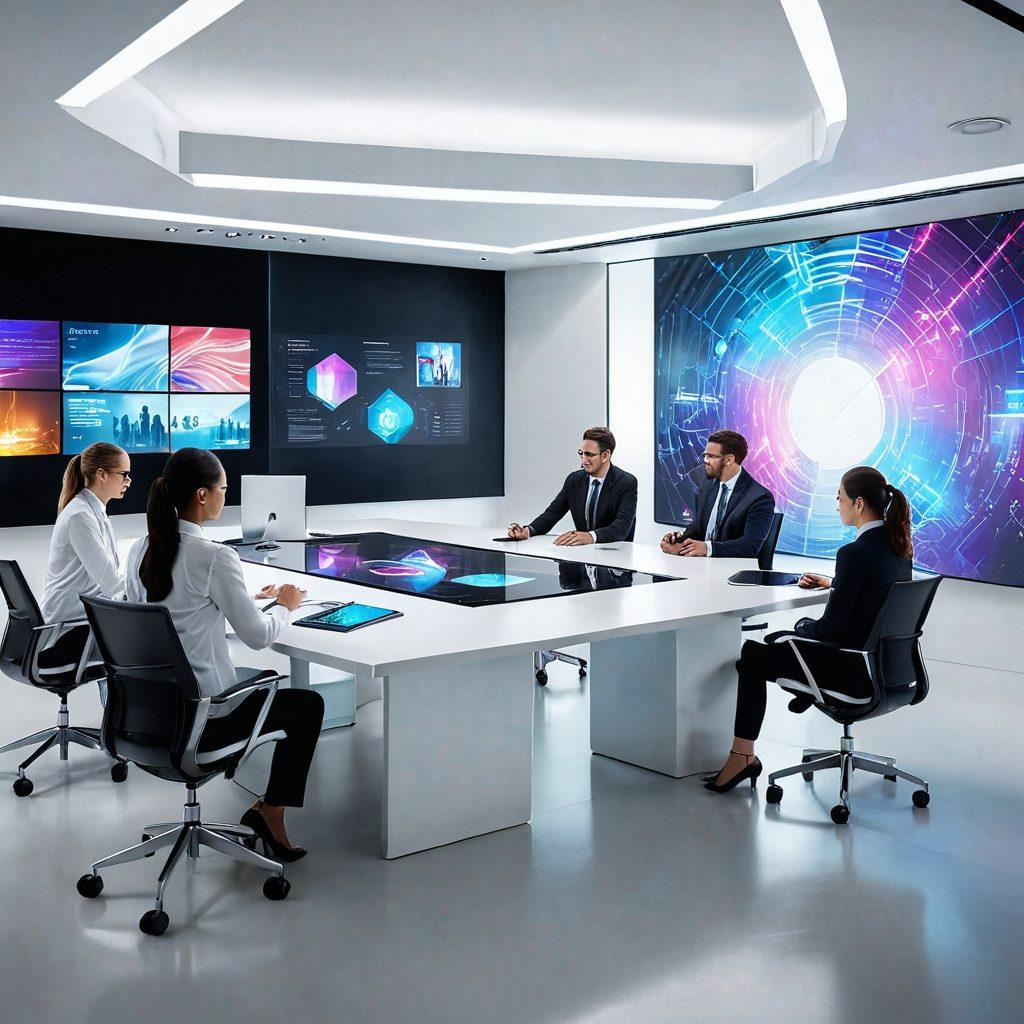 A futuristic corporate office setting, with diverse professionals collaborating at a sleek conference table, surrounded by holographic screens displaying innovative software designs and digital solutions. Emphasize creativity, technology, and dynamic interaction. super-realistic. vibrant colors. modern aesthetic. white background.