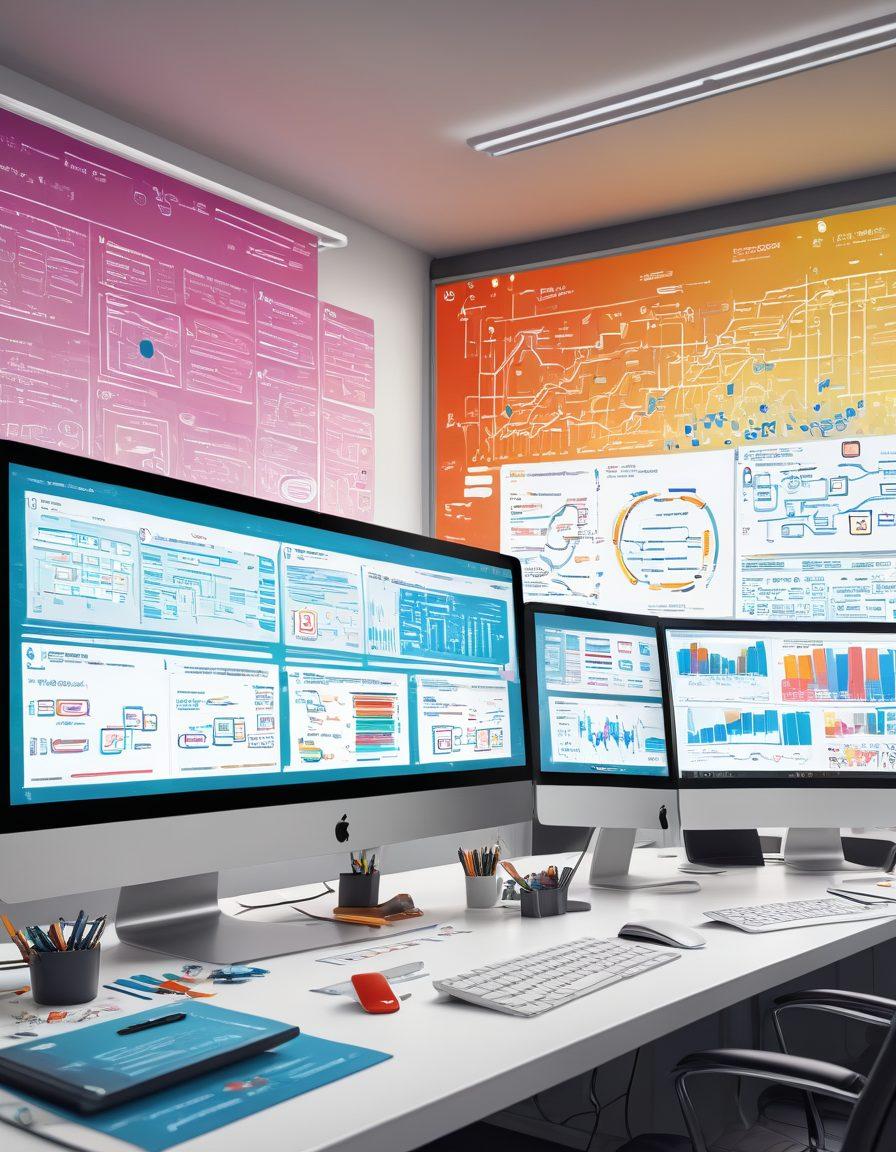 A sleek office workspace with a team of diverse developers brainstorming ideas on a whiteboard filled with flowcharts and app designs, surrounded by computer screens displaying various code snippets and web applications. In the background, a large digital dashboard shows graphs and analytics representing business growth. modern digital art. vibrant colors.