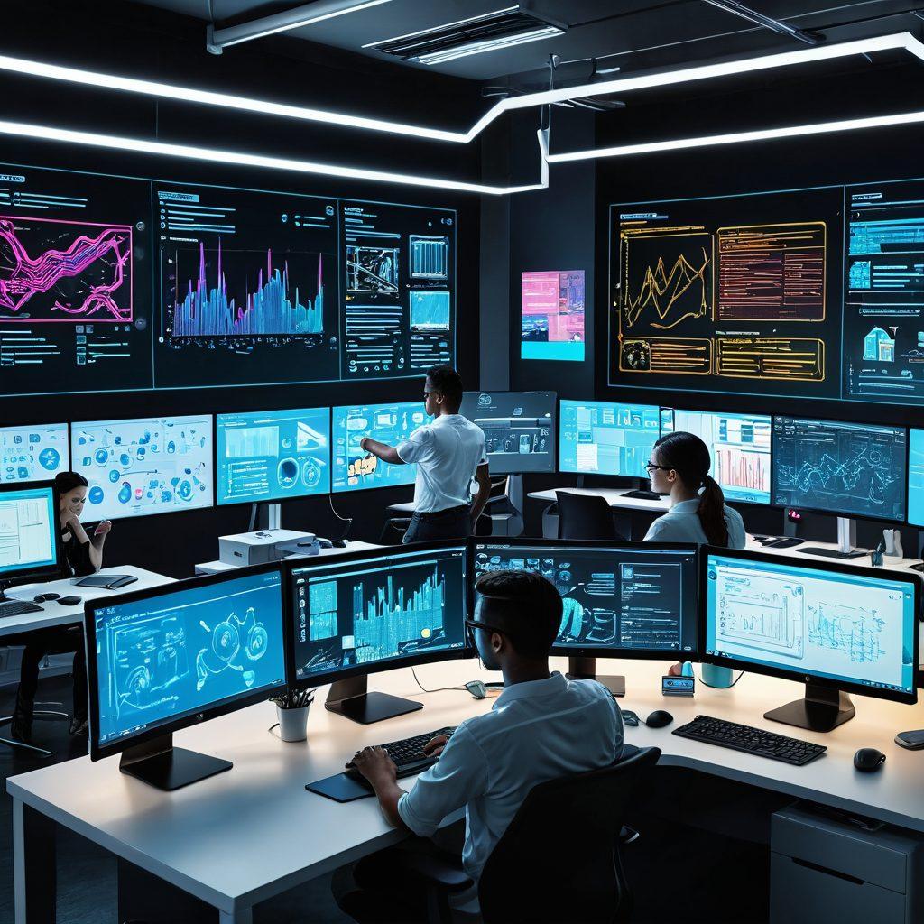 A dynamic workspace featuring multiple screens displaying code, design software, and flowcharts; a diverse team brainstorming with sticky notes and whiteboards; futuristic digital elements like holographic interfaces and AI icons blending into the environment. super-realistic. vibrant colors. futuristic style.